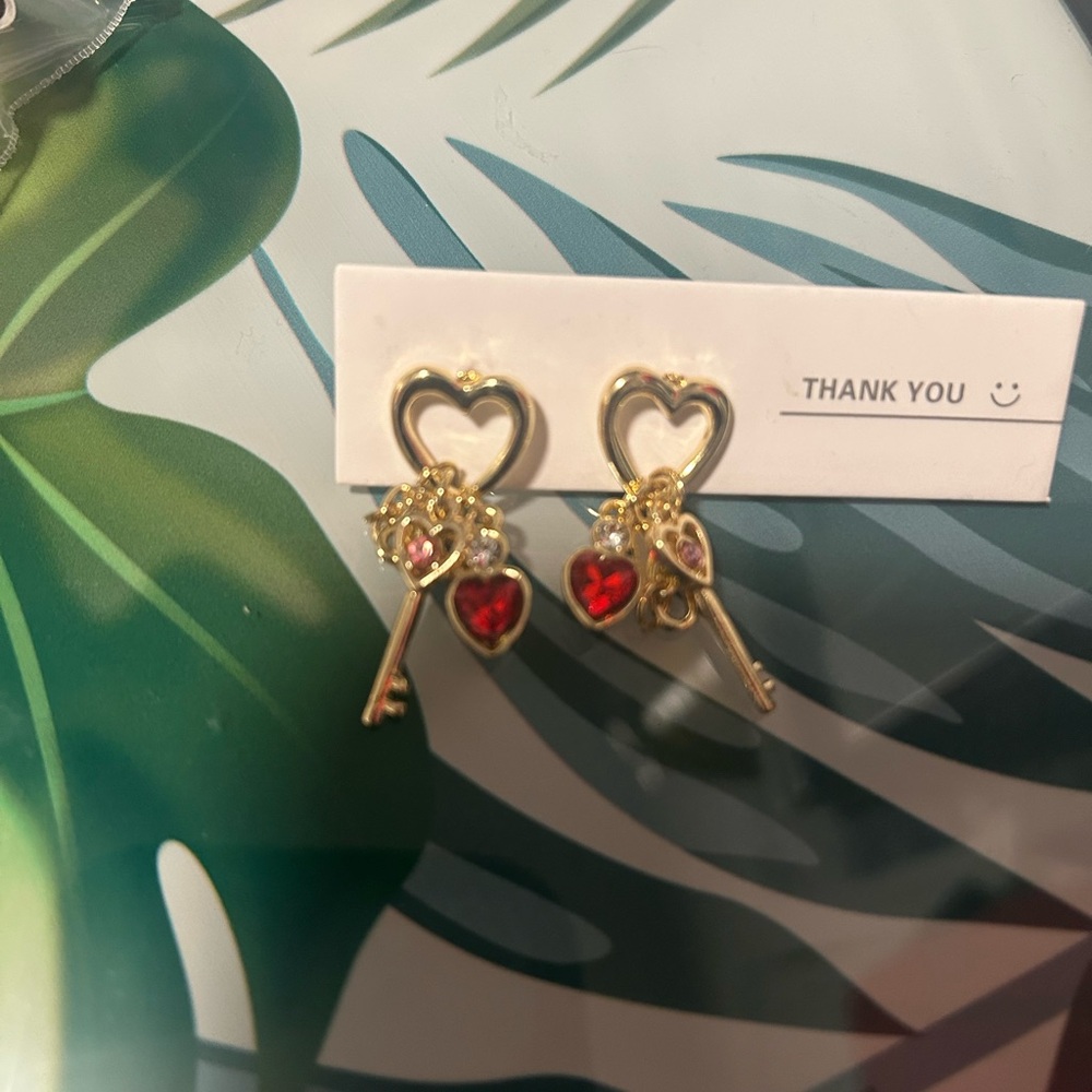 🔵 Heart Lock & Key Earrings with Red and Gold Accents New in Package